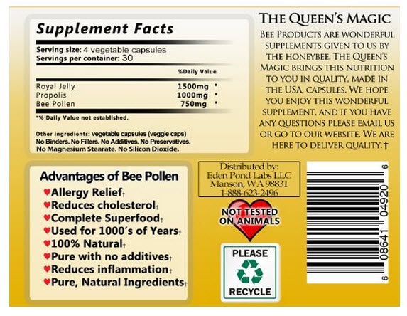 ขายอาหารเสริม royal jelly Eden Pond Queen's Magic Bee Pollen Capsules, 120 Count 